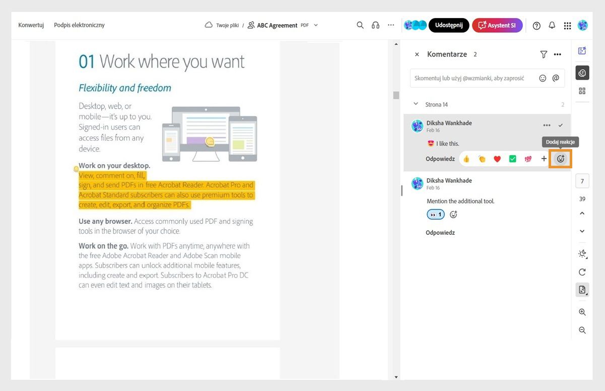 Dokument jest otwarty w trybie przeglądania z panelem komentarzy po prawej stronie. Podświetlone jest narzędzie Dodaj reakcje.