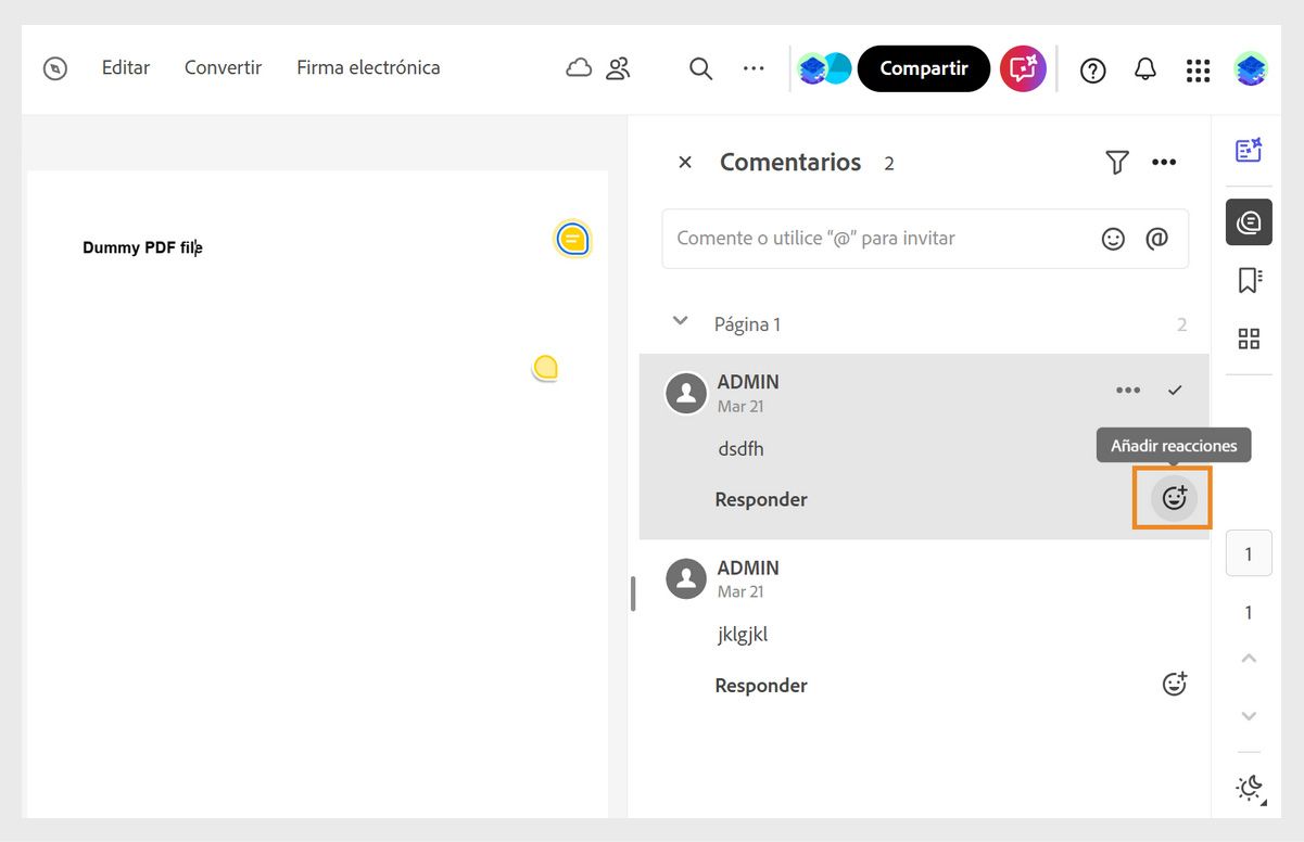 Se abre un documento en modo de revisión con un panel de comentarios a la derecha. Se resalta la herramienta Añadir reacciones.