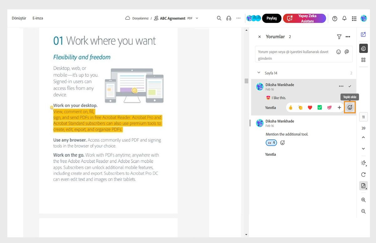 Bir belge, sağ tarafında yorumlar bölmesiyle birlikte inceleme modunda açılır. Tepki Ekle aracı vurgulanır.