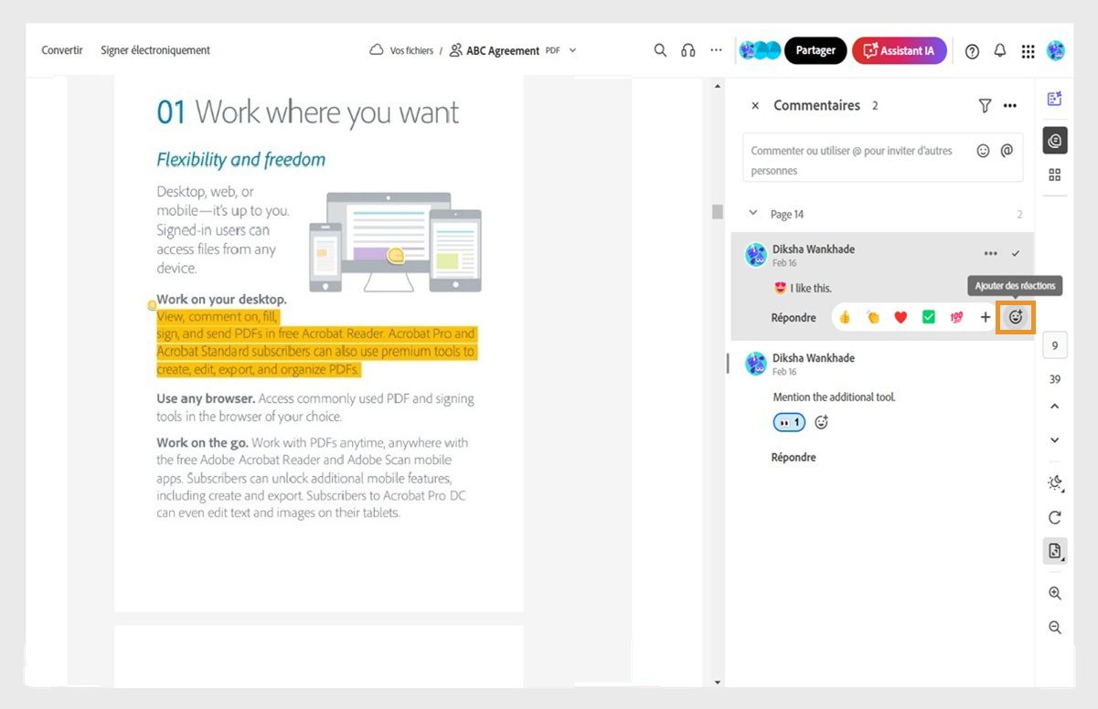Un document est ouvert en mode de révision avec le panneau Commentaires sur la droite. L’outil Ajouter des réactions est mis en évidence.