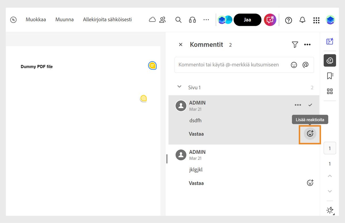 Asiakirja on avoinna tarkistustilassa, ja sen oikealla puolella on kommenttiruutu. Lisää reaktioita -työkalu on korostettuna.