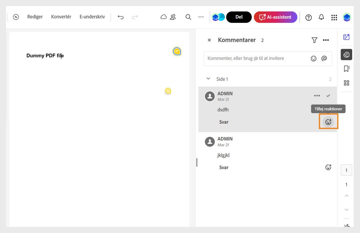 Et dokument er åbent i gennemgangstilstand med en kommentarrude til højre. Værktøjet Tilføj reaktioner er fremhævet.