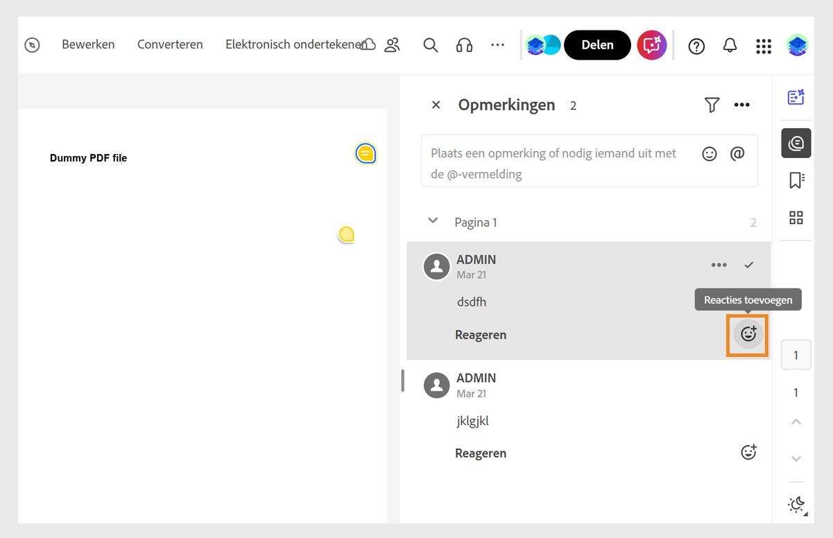Een document is geopend in revisiemodus met een opmerkingendeelvenster aan de rechterkant. De tool Reacties toevoegen is gemarkeerd.