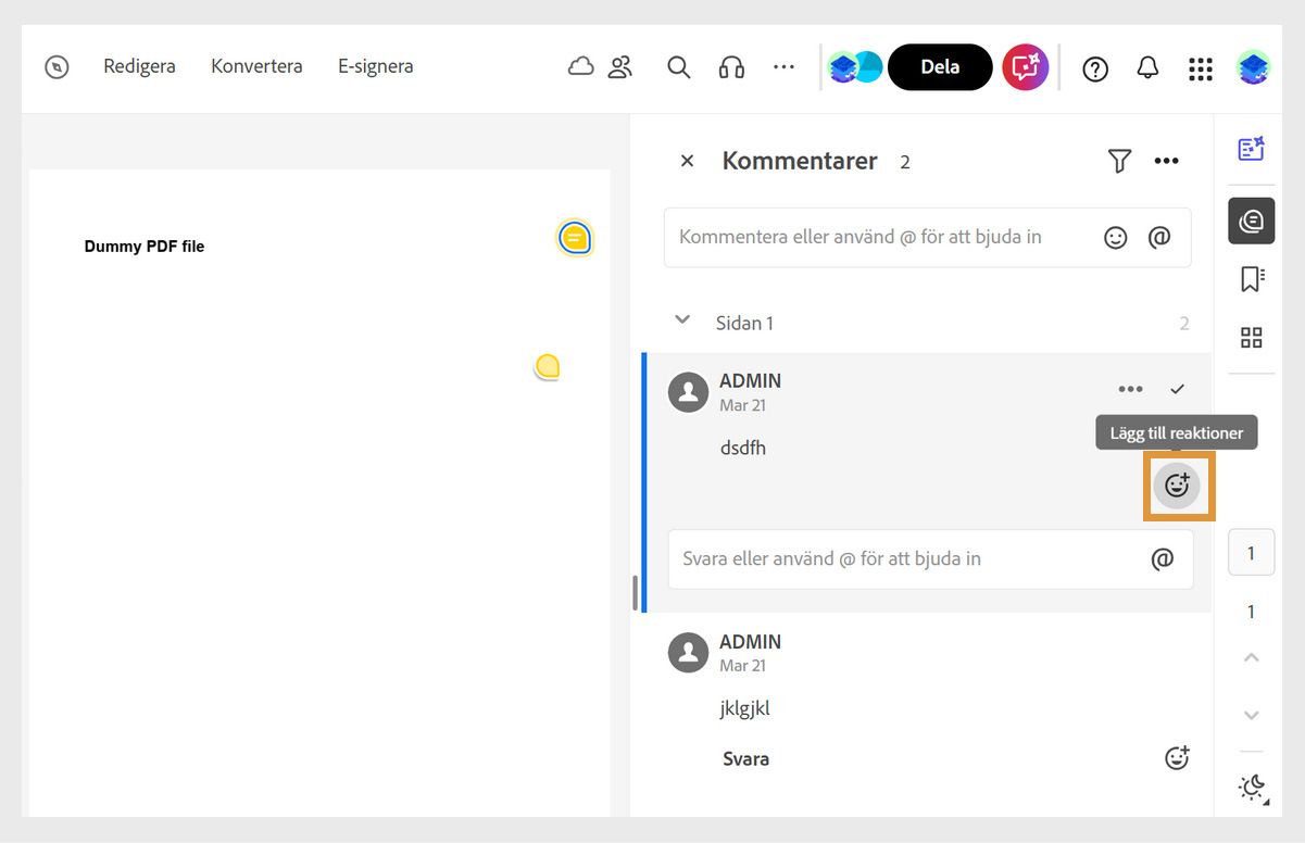Ett dokument är öppet i granskningsläge med en kommentarspanel till höger. Verktyget Lägg till reaktioner är markerat.