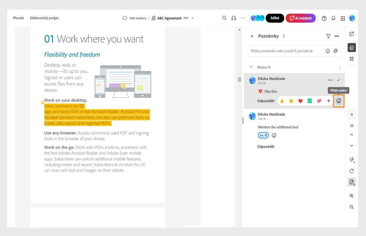 Otevře se dokument v režimu kontroly s panelem poznámek vpravo. Zvýrazněn je nástroj Přidat reakce.