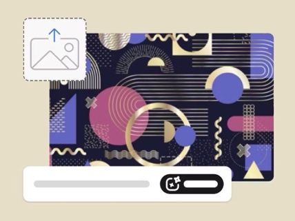 Grafikus illusztráció, amely egy absztrakt, színes hátteret tartalmaz különböző geometriai formákkal és mintákkal a lila, kék, rózsaszín és sárga árnyalataiban. Ikonok vannak kép feltöltéséhez és egy utasítás sávhoz. Ez egy példa a javasolt stílusreferenciára a Firefly Szövegből kép funkciójának használata során.