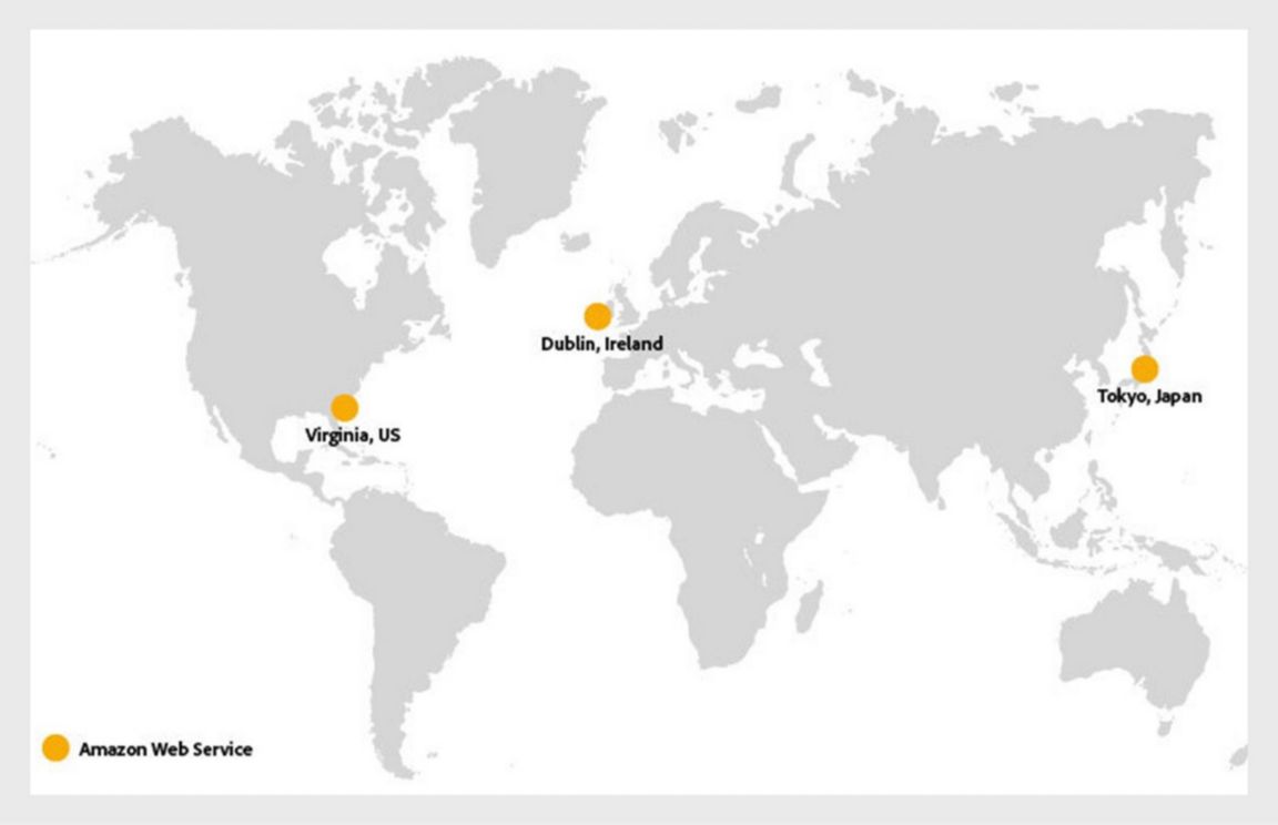 Een wereldkaart met oranje stippen bij Dublin in Ierland, Tokio in Japan en Virginia in de VS om locaties voor cloudopslag van Adobe aan te geven.
