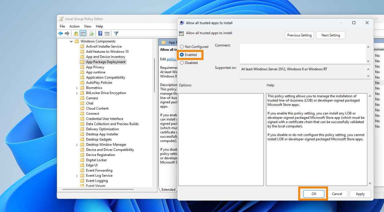 Jendela baru menampilkan pengaturan untuk 'Allow all trusted apps to install,' termasuk Not Configures, Enabled, dan Disabled.