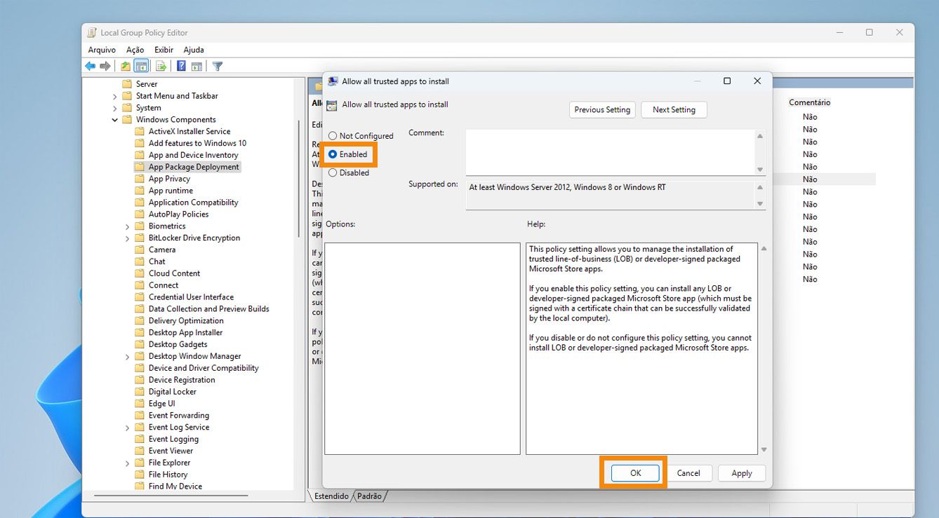 Uma nova janela exibe configurações para 'Permitir que todos os aplicativos confiáveis sejam instalados', incluindo Não configurado, Ativado e Desativado.