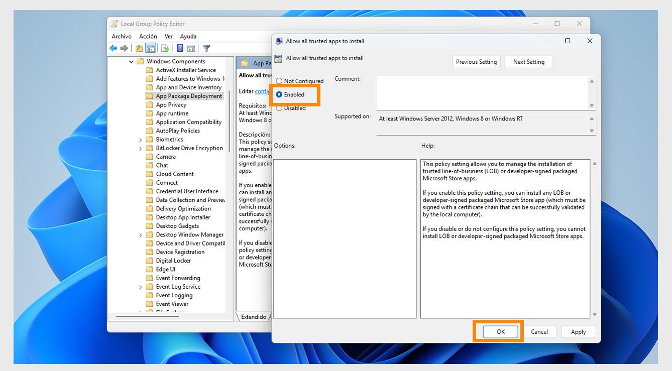 Una nueva ventana muestra la configuración de &quot;Permitir la instalación de todas las aplicaciones de confianza&quot;, incluyendo No configurado, habilitado y deshabilitado.