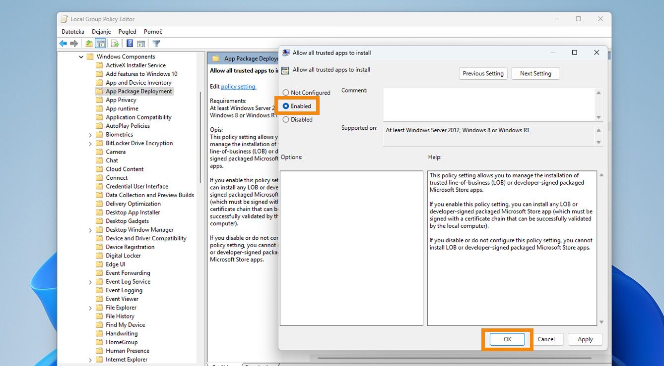 Novo okno prikazuje nastavitve za »Dovoli namestitev vseh zaupanja vrednih programov«, vključno z Ni konfigurirano, Omogočeno in Onemogočeno.