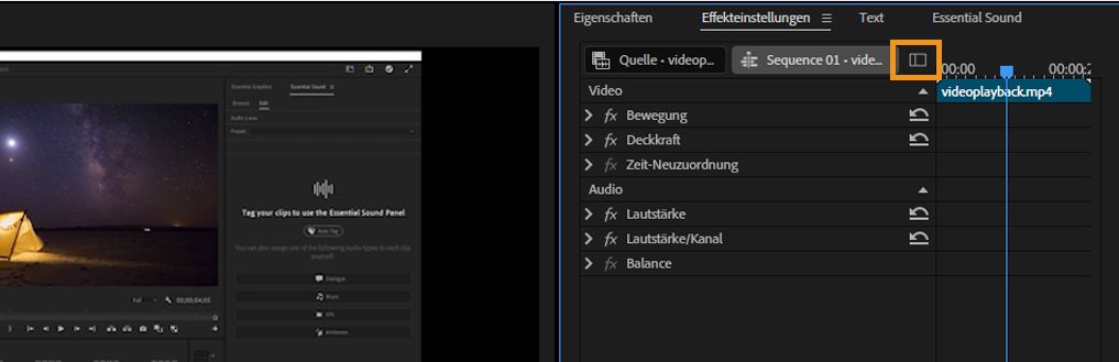 Ein Teil des Bedienfelds „Effekteinstellungen“ wird angezeigt und das Symbol „Schnittfenster anzeigen/ausblenden“ ist hervorgehoben. Es wird verwendet, um das Bedienfeld mit einer Anzeige des Schnittfensters zu erweitern