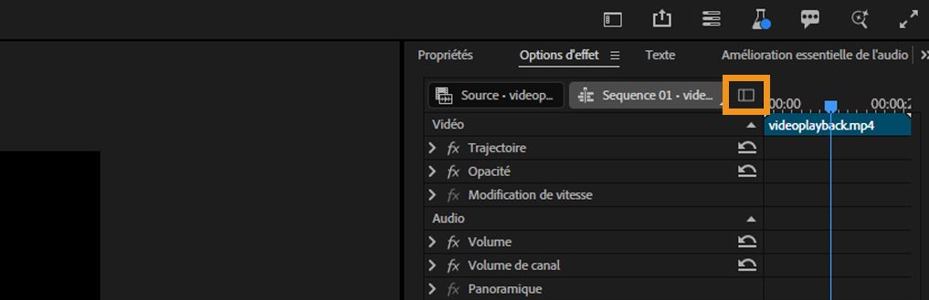 Une partie du panneau Options d'effet est affichée et l'icône Afficher/masquer la fenêtre de montage est mise en évidence. Celle-ci est utilisée pour afficher la fenêtre de montage sur le panneau.