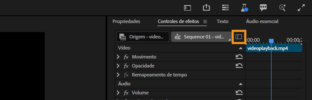 Uma parte do painel “Controles do efeito” é exibida, com o ícone de mostrar/ocultar visualização da linha do tempo realçado, usado para expandir o painel com uma visualização da linha do tempo 