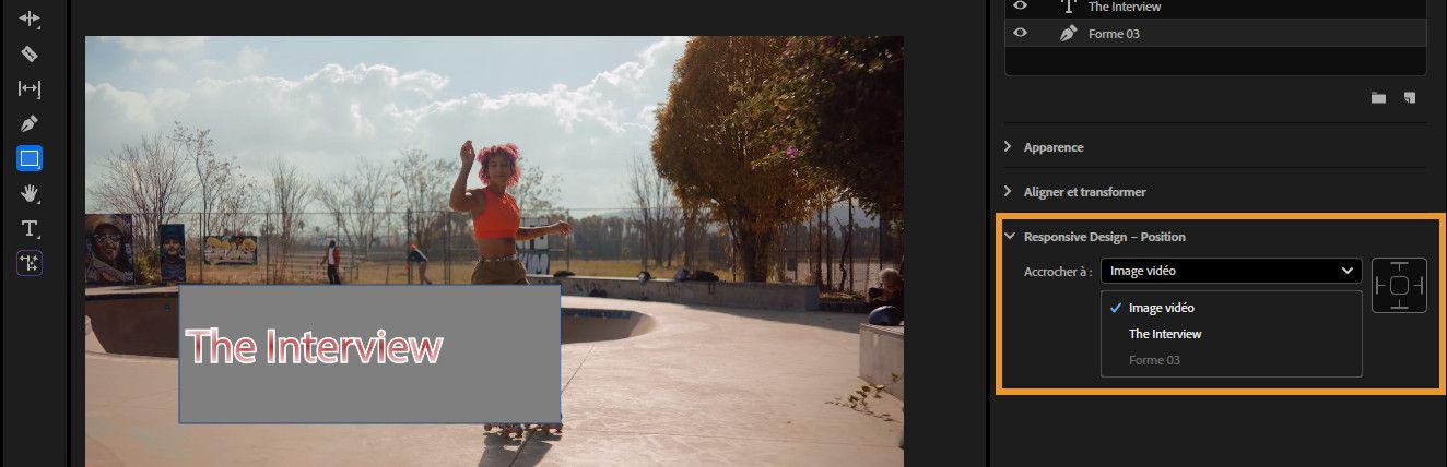 Panneau Propriétés affichant les Paramètres Responsive Design - Position avec le menu déroulant « Épingler à » et le diagramme des bords, mettant en évidence la façon dont un calque graphique est épinglé à un autre pour un redimensionnement et un positionnement en responsive design.