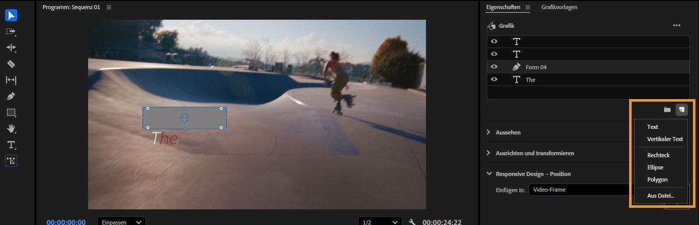 Das Symbol „Neue Ebene“ ist im Bedienfeld „Eigenschaften“ ausgewählt und zeigt verschiedene Optionen für das Erstellen einer neuen Clip-Ebene an.