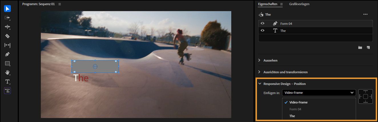 Bedienfeld „Eigenschaften“ mit den Einstellungen für „Responsive Design – Position“, einschließlich des Dropdown-Menüs „Einfügen in“ und des Edge-Architektur-Diagramms, das zeigt, wie eine grafische Ebene an eine andere angeheftet wird, um responsives Skalieren und Positionieren zu ermöglichen.