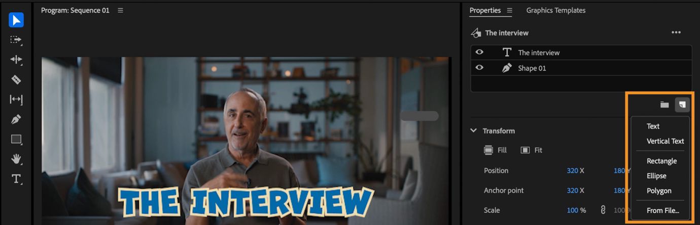 Icona Nuovo livello selezionata nel pannello Proprietà che mostra varie options per creare un nuovo livello di clip.