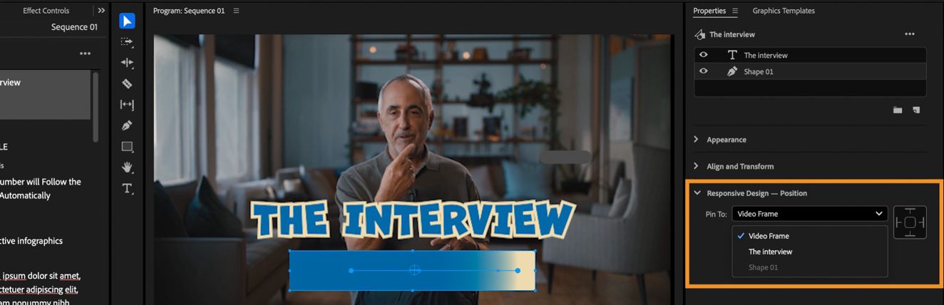 Pannello Proprietà che mostra le impostazioni di Design reattivo - Posizione con il menu a discesa &quot;Aggancia a&quot; e il diagramma dei bordi, evidenziando come un livello grafico è agganciato a un altro per il ridimensionamento e il posizionamento reattivi.