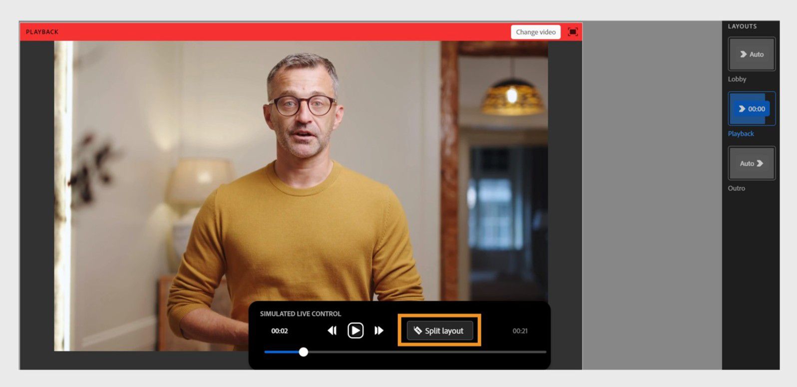 Adobe Connect interface showing split layout option with video playback paused and interactive elements being added to the right side of the screen