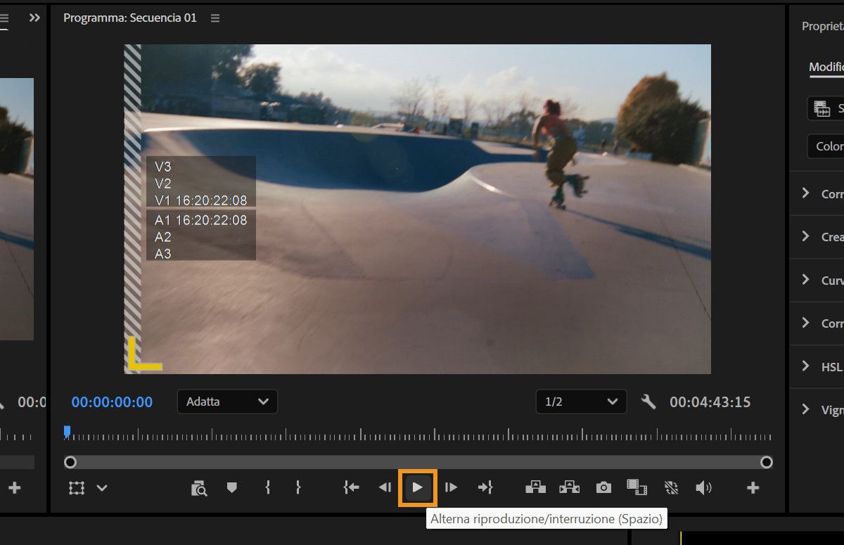 Program Monitor che mostra il pulsante di attivazione/disattivazione play-Stop utilizzato per riprodurre o mettere in pausa la sequenza primario.