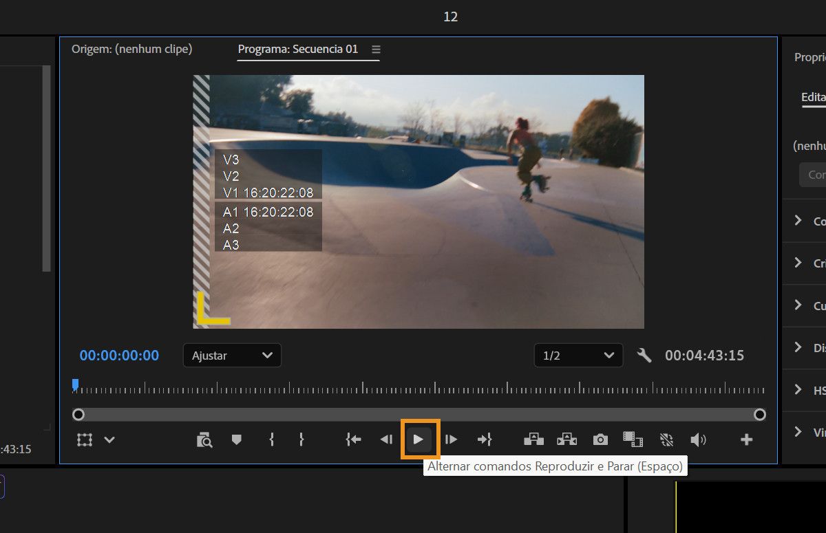 Monitor do programa mostrando o botão de alternância Reproduzir-Parar usado para reproduzir ou pausar a sequência ativa.