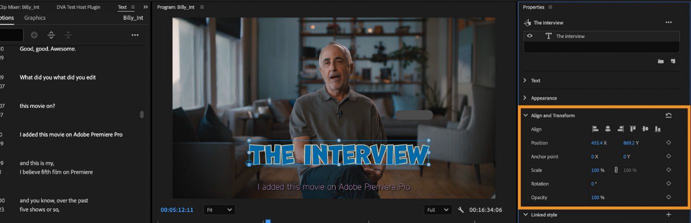 El panel Alinear y transformar está abierto en Premiere Pro, mostrando opciones para distribuir y alinear capas de texto seleccionadas.