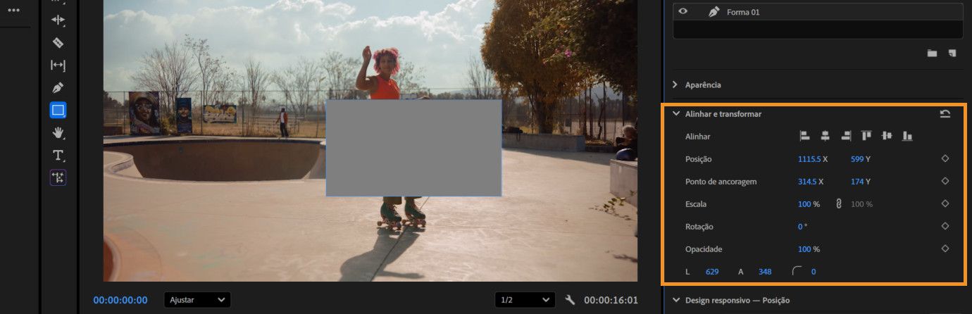 O painel “Alinhar e transformar” está aberto no Premiere Pro, mostrando opções de distribuir e alinhar as camadas de texto selecionadas.