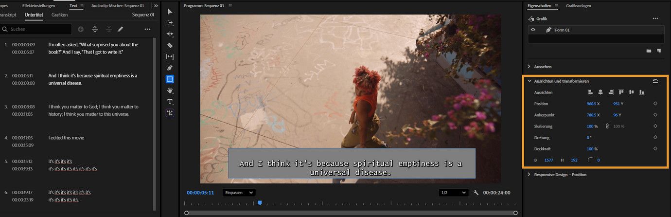 Das Bedienfeld „Ausrichten und transformieren“ mit Optionen für die Verteilung und Ausrichtung ausgewählter Textebenen ist in Premiere Pro geöffnet.