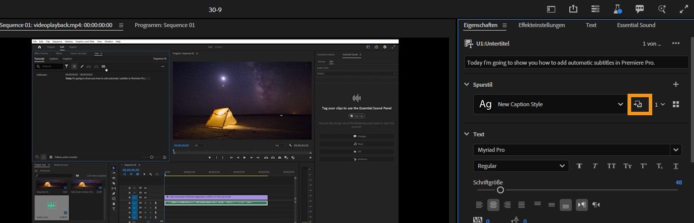 Bedienfeld „Eigenschaften“ mit der Schaltfläche „Stil neu definieren“, der verwendet wird, um aktualisierte Einstellungen für den Text- oder Untertitelstil auf alle verknüpften Elemente anzuwenden.