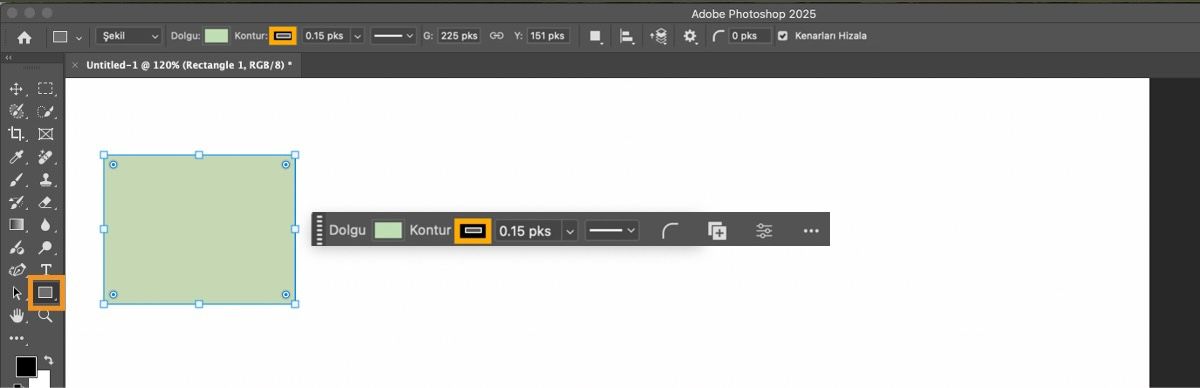 Masaüstü uygulamasında Adobe Photoshop'ta tuval üzerine bir dikdörtgen çizilmiş ve Araçlar panelindeki şekiller araç grubunda Dikdörtgen aracı vurgulanmıştır.