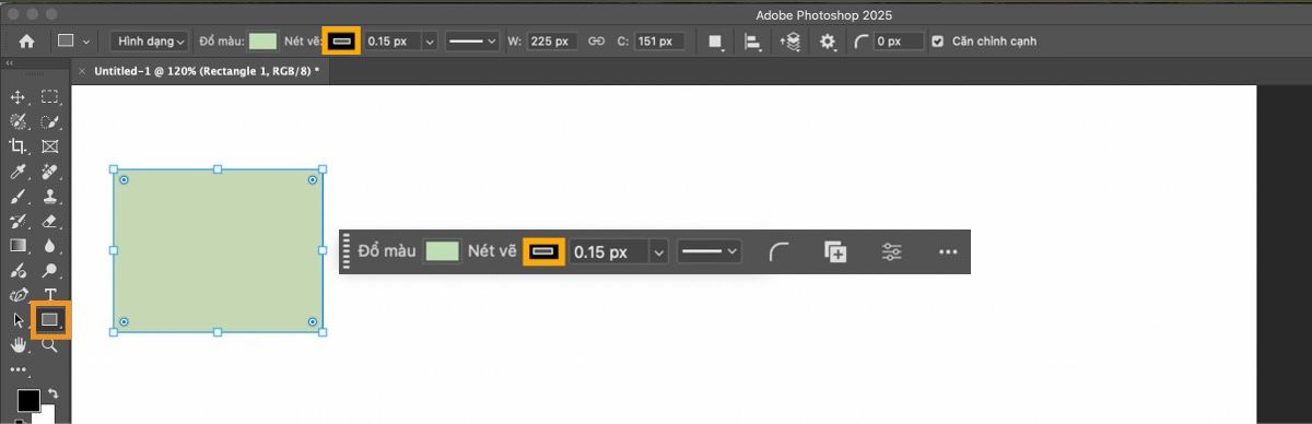 Một hình chữ nhật được vẽ trên canvas trong Adobe Photoshop trên ứng dụng máy tính với công cụ Vẽ hình chữ nhật được làm nổi bật trong nhóm công cụ hình dạng trong bảng Công cụ. 