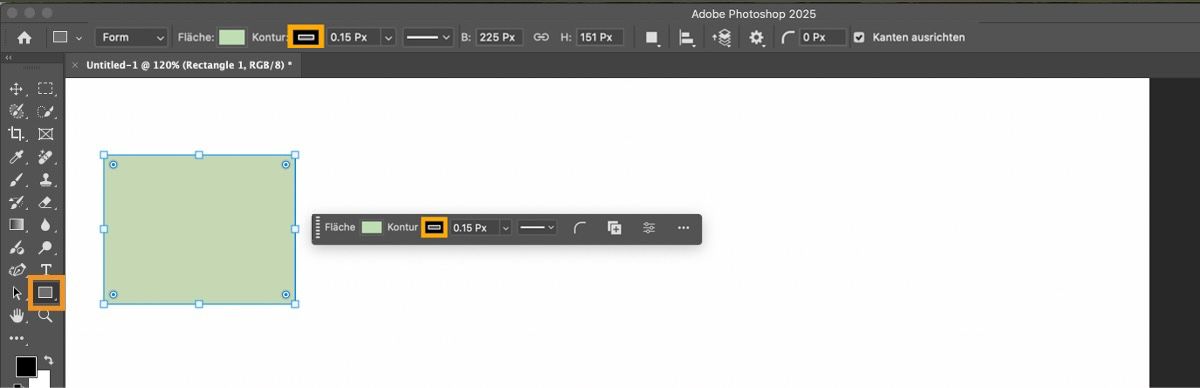 Auf der Arbeitsfläche in Adobe Photoshop wurde in der Desktop-Anwendung ein Rechteck gezeichnet, wobei das Rechteck-Werkzeug in der Formwerkzeuggruppe im Werkzeugbedienfeld hervorgehoben ist. 