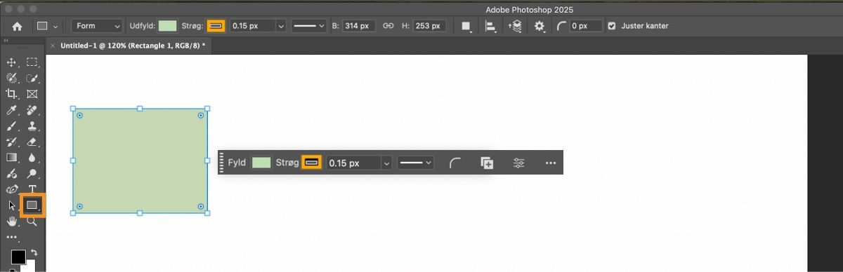 Der er tegnet et rektangel på lærredet i Adobe Photoshop på computer-appen, hvor rektangelværktøjet er fremhævet i formværktøjsgruppen i panelet Værktøjer. 
