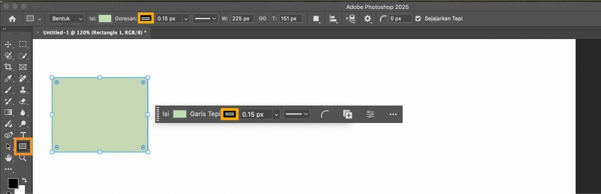 Sebuah persegi panjang telah digambar di kanvas pada Adobe Photoshop di aplikasi desktop, di mana alat Persegi Panjang telah disorot dalam grup alat bentuk di panel Alat.
