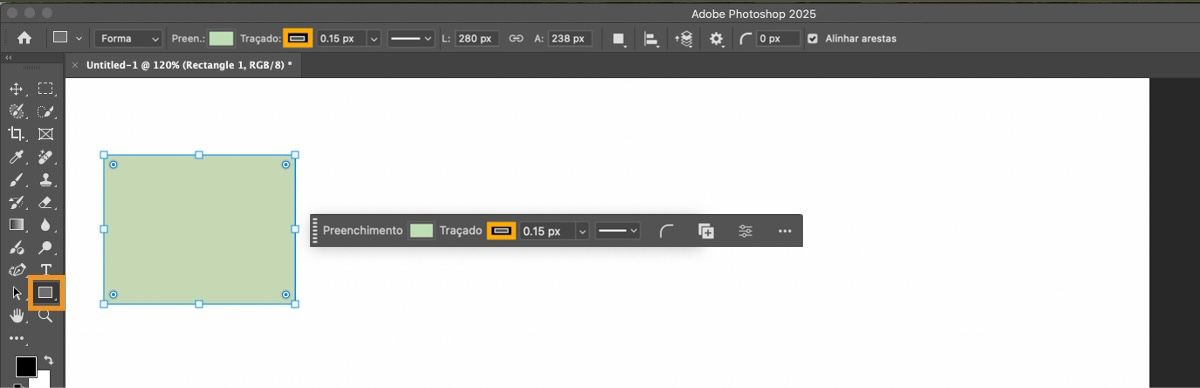 Um retângulo foi desenhado na tela no Adobe Photoshop no aplicativo de desktop, onde a ferramenta Retângulo foi destacada no grupo de ferramentas de formas no painel Ferramentas. 