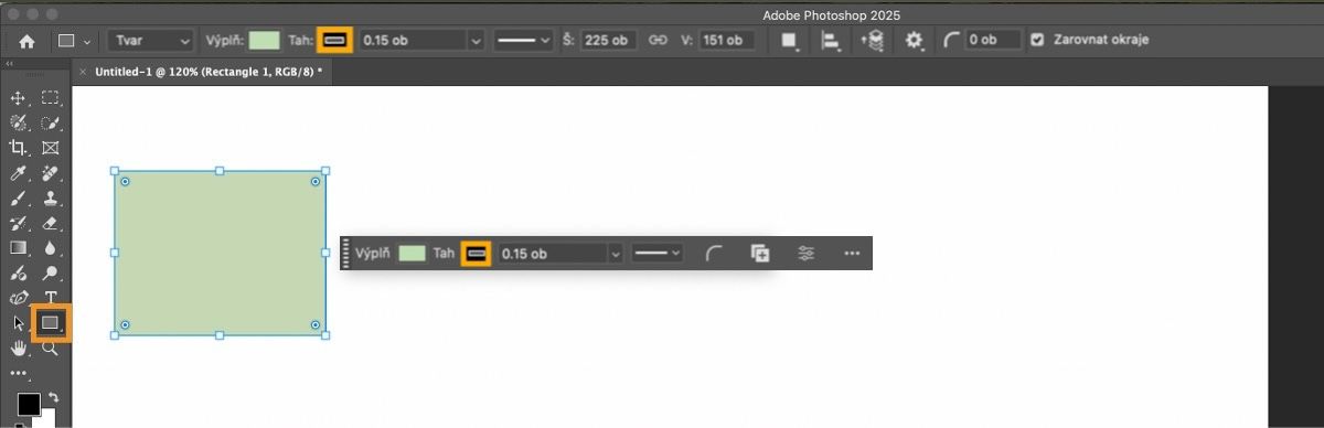 Na plátně v adobe photoshop v aplikace pro počítače byl nakreslen obdélník, kde je zvýrazněn nástroj Obdélník ve skupině nástrojů tvarů v panelu Nástroje.