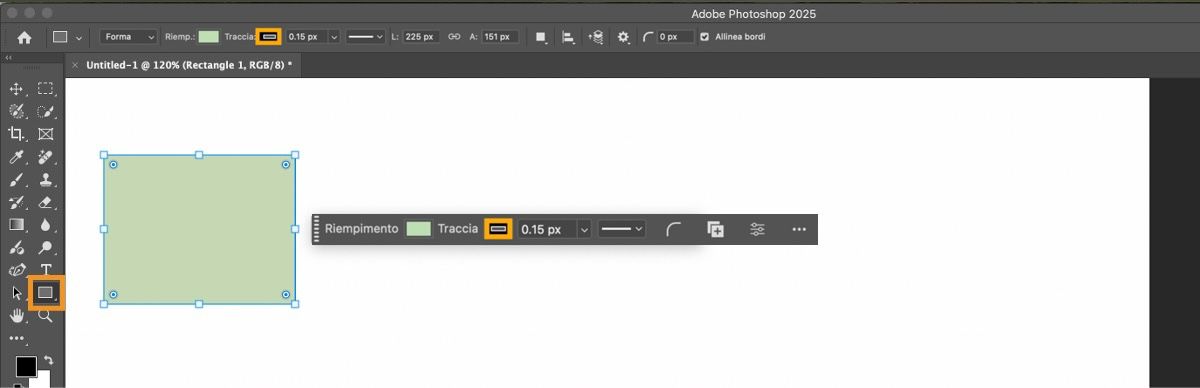 È stato disegnato un rettangolo nell'area di lavoro in Adobe Photoshop nell'app desktop, dove lo strumento Rettangolo è stato evidenziato nel gruppo di strumenti forme nel pannello Strumenti.