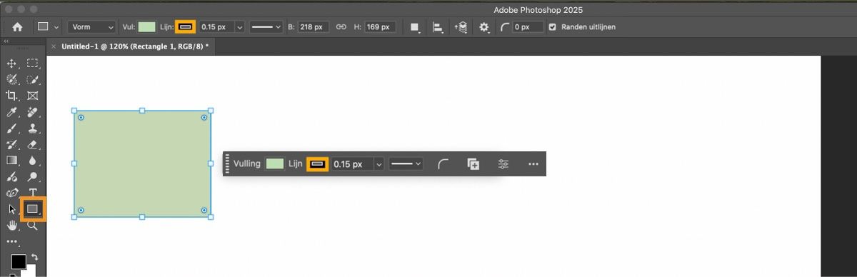 Er is een rechthoek getekend op canvas in Adobe Photoshop in de desktop-app, waarbij het Rechthoekgereedschap is gemarkeerd in de vormengroep in het Tools-paneel.