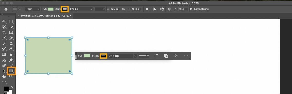 Et rektangel har blitt tegnet på lerretet i Adobe Photoshop i skrivebordsprogrammet, hvor Rektangelverktøyet er uthevet i formverktøygruppen i Verktøy-panelet.