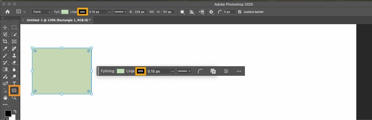 En rektangel har ritats på arbetsytan i Adobe Photoshop i datorprogrammet, där rektangelverktyget har markerats i formverktygsgruppen i Tools panel.