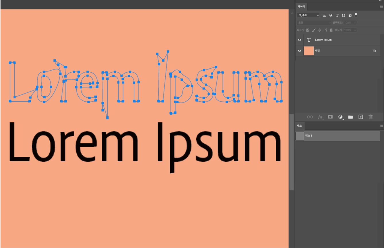 고정점과 텍스트 레이어가 있는 작업 패스를 보여주는 샘플 문서입니다.레이어와 패스 패널이 열려 있습니다.