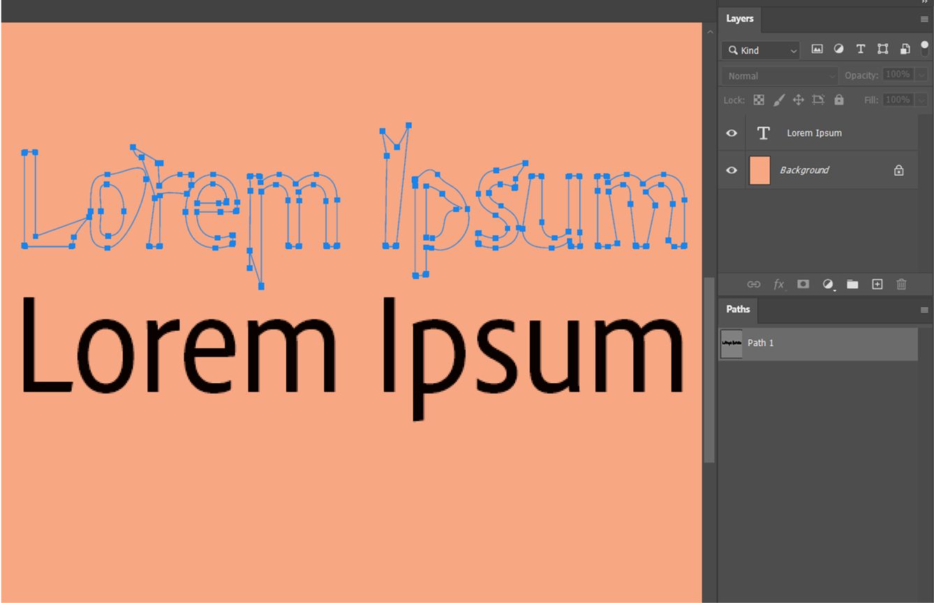 مستند نموذجي يوضح مسار عمل مع نقاط ارتساء وطبقة نص. لوحتا الطبقات والمسارات مفتوحتان.