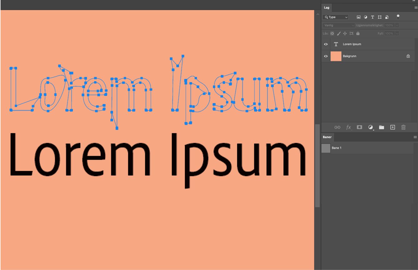 Et eksempeldokument som viser en midlertidig bane med ankerpunkter og et tekstlag.Lag- og Baner-panelene er åpne.