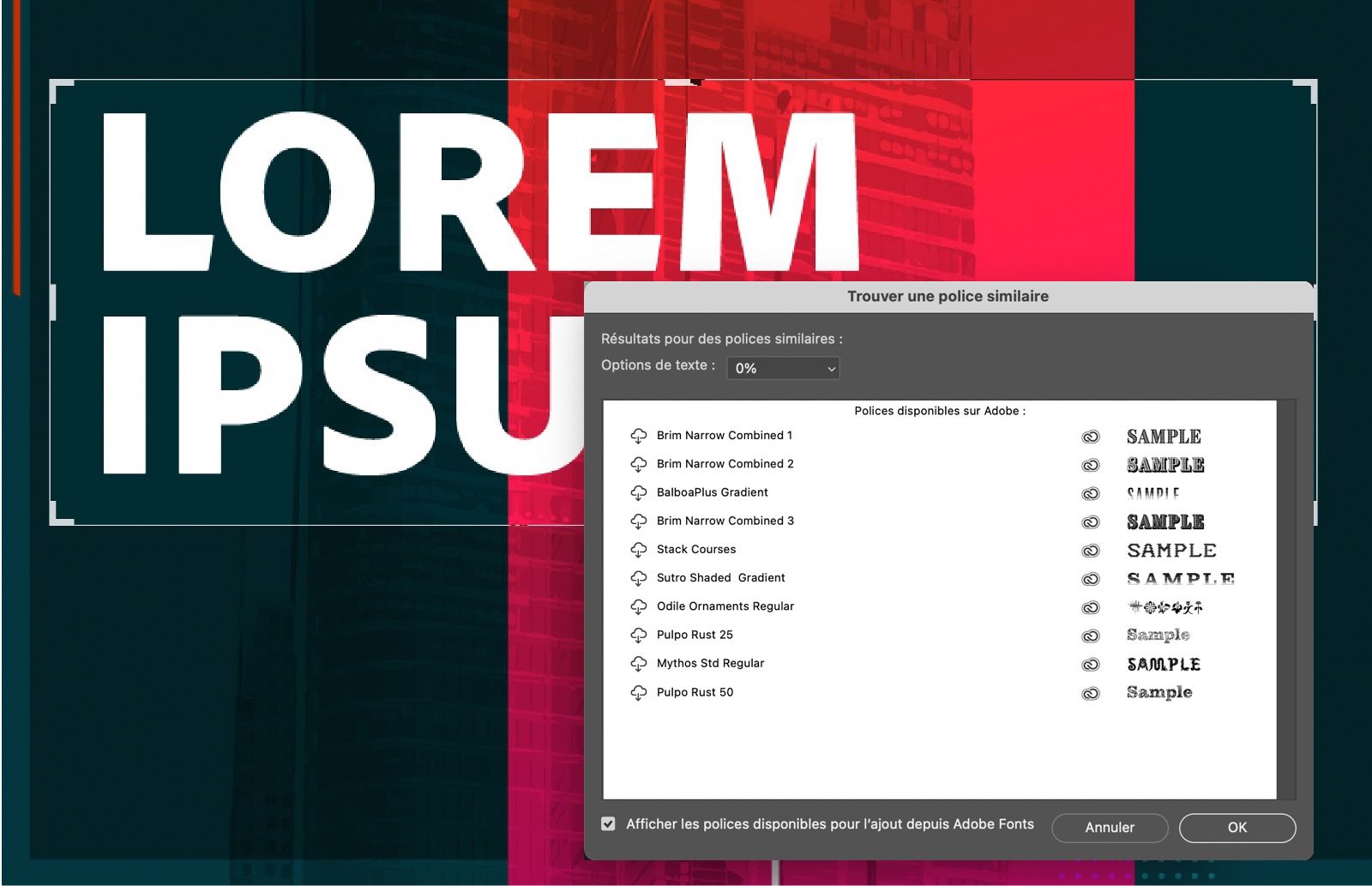 Un document exemple montrant une image avec le texte sélectionné. La boîte de dialogue Correspondance de police est ouverte, affichant une liste de polices similaires au texte sélectionné.