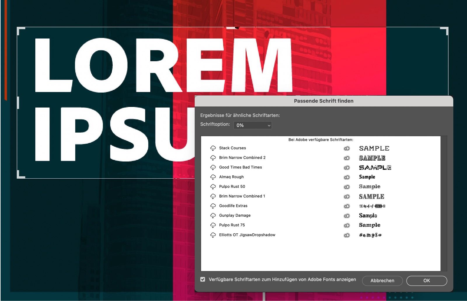 Ein Beispieldokument, das ein Bild mit ausgewähltem Text zeigt.Das Dialogfeld „Schrift anpassen“ ist geöffnet und zeigt eine Liste von Schriften, die dem ausgewählten Text ähnlich sind.