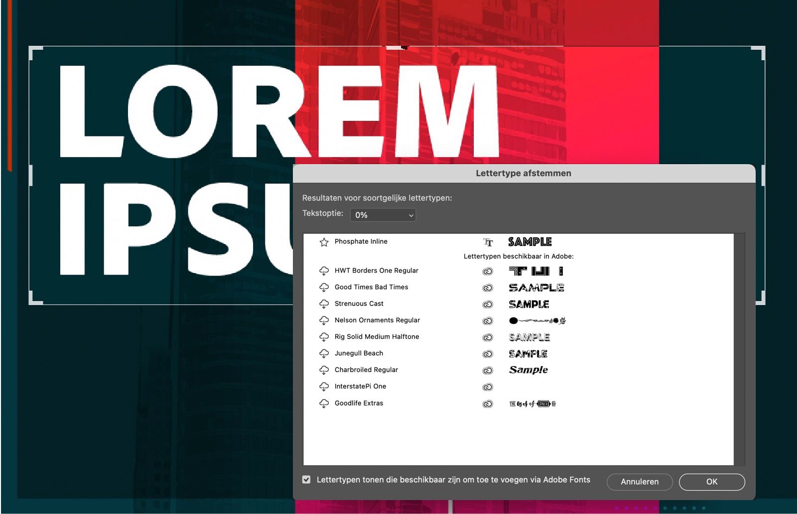 Een voorbeelddocument met een afbeelding waarin de tekst is geselecteerd.Het dialoogvenster Lettertype afstemmen is geopend en toont een lijst met lettertypen die lijken op de geselecteerde tekst.