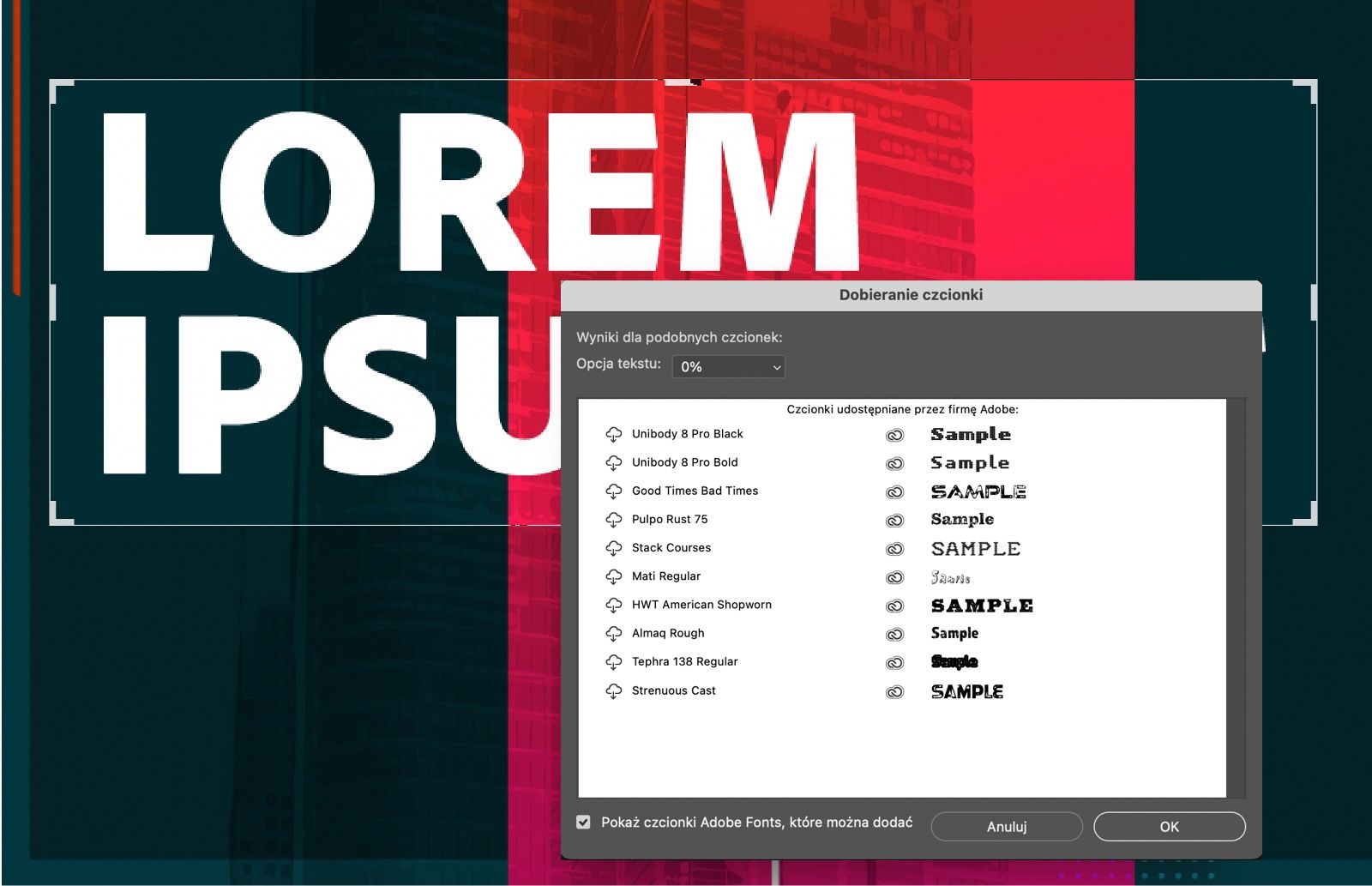 Przykładowy dokument pokazujący obraz z zaznaczonym tekstem.Otwarte okno dialogowe Dopasuj czcionkę, pokazujące listę czcionek podobnych do zaznaczonego tekstu.