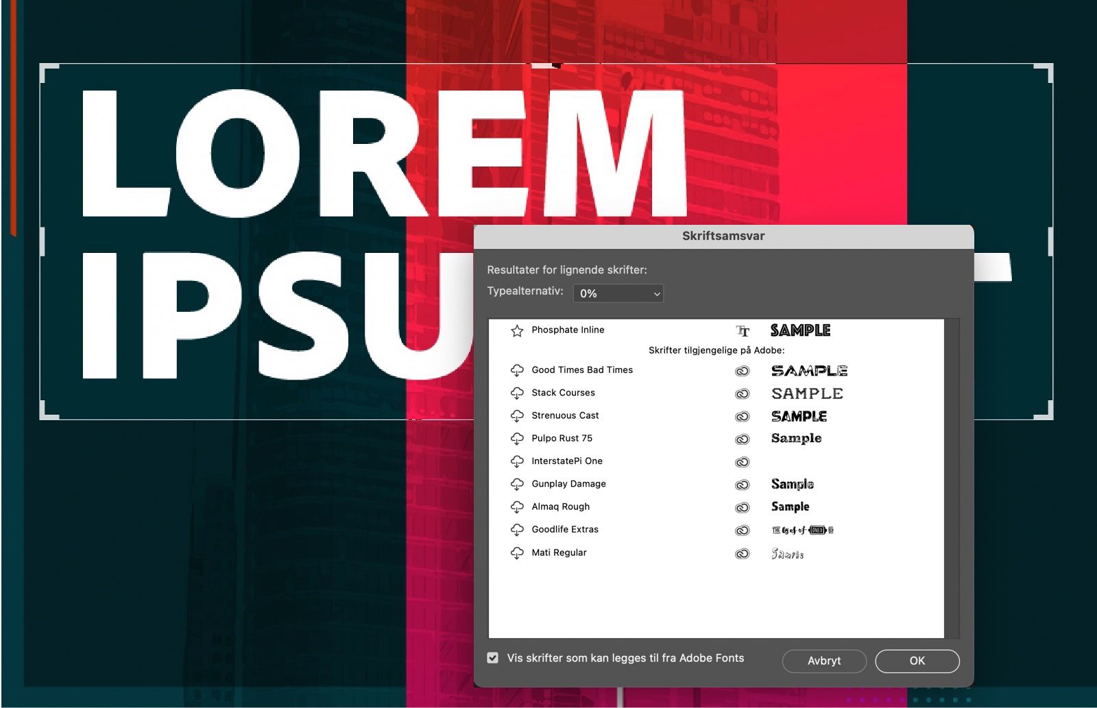 Et eksempeldokument som viser et bilde med teksten valgt.Dialogboksen Match Font er åpen og viser en liste over skrifter som ligner på den valgte teksten.