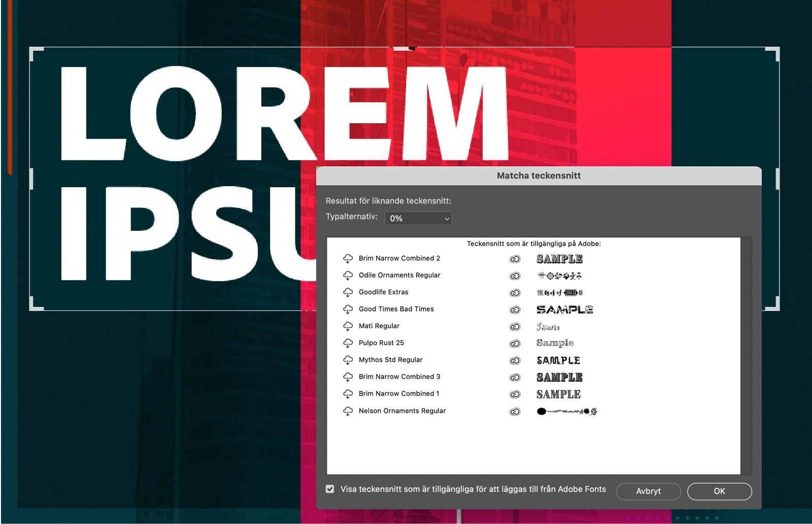 Ett exempeldokument som visar en bild med den markerade texten.Dialogrutan Matcha teckensnitt är öppen och visar en lista över teckensnitt som liknar den markerade texten.